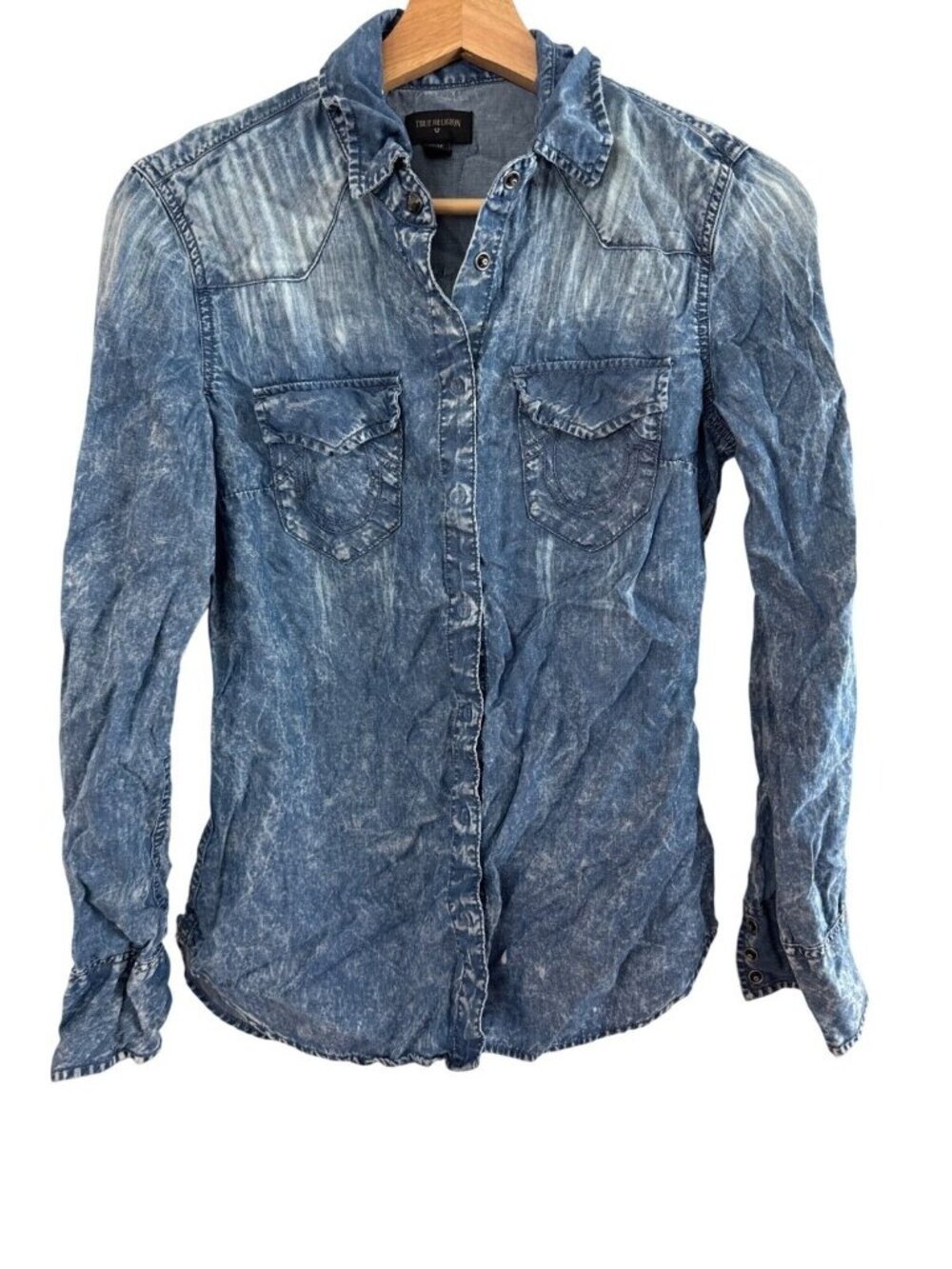 True Religion Womens XS Denim Button-Up Shirt Acid Wash Long Sleeve